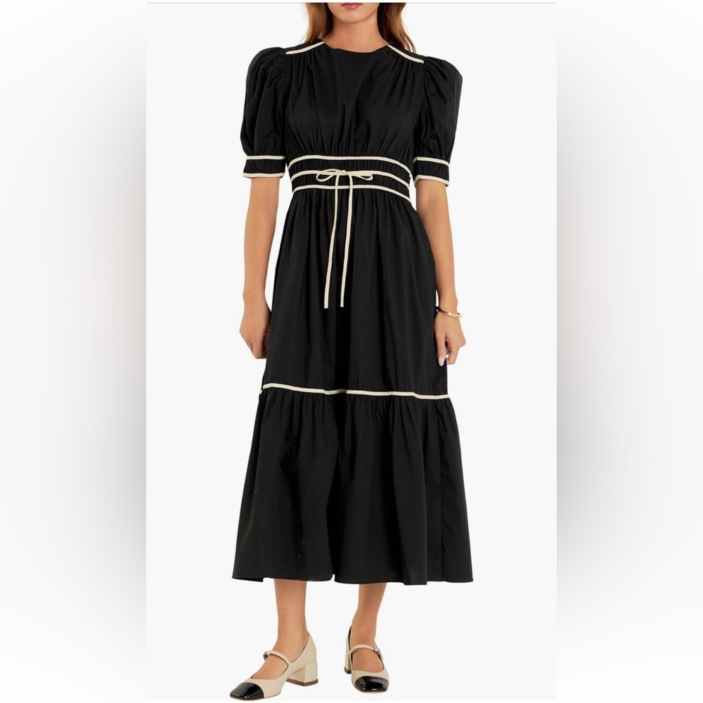 English Factory Bow with Puff Sleeve Midi Cotton Black Dress